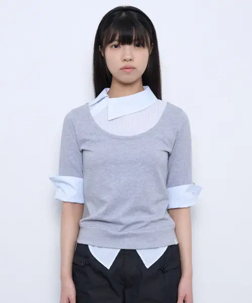 [TUOMIO] ASYMMETRIC COLLAR TOP [HEATHER GREY]