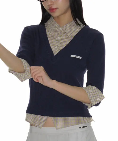 [CRANK] Knit Layered Check Shirt_Navy / 니트 레이어드 체크 셔츠_네이비