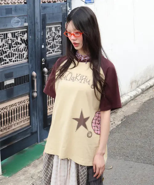 [RuNaKi'Hu'] WXT077 Chikuchiku Button RaglanT-Shirt (BEIGE) / WXT077 치쿠치쿠보탕 레글런 티셔츠 (BEIGE)