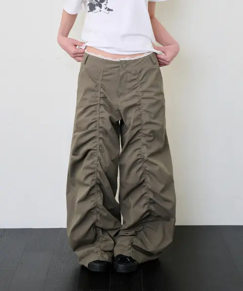 [ITZAVIBE] LACE LAYERED WIDE PANTS - KHAKI