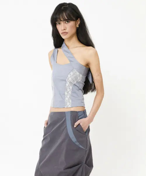 [WET TAG] ASYMMETRIC STRAP CONTOUR LACE CORSET TOP DUSTY BLUE