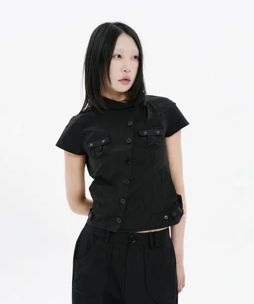 [HANAHI] Diagonal button pocket jacket BLACK