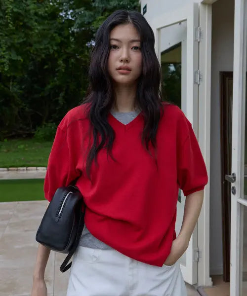 [MOOD INSIDE WOMAN] Women's Essential Mood Half V-Neck Knit_Red / (woman) 에센셜 무드 하프 브이넥 니트_Red