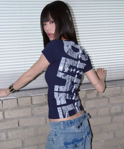 [PRENDA] DOUBLE CROSS BACK PRINT SHORT SLEEVE NAVY
