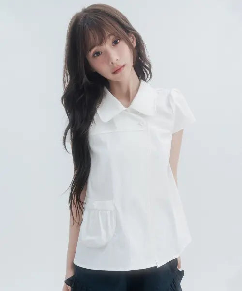 [HIGH SCHOOL DISCO] Double-Button Puff Sleeve Blouse - White / 더블버튼 퍼프소매 블라우스_화이트