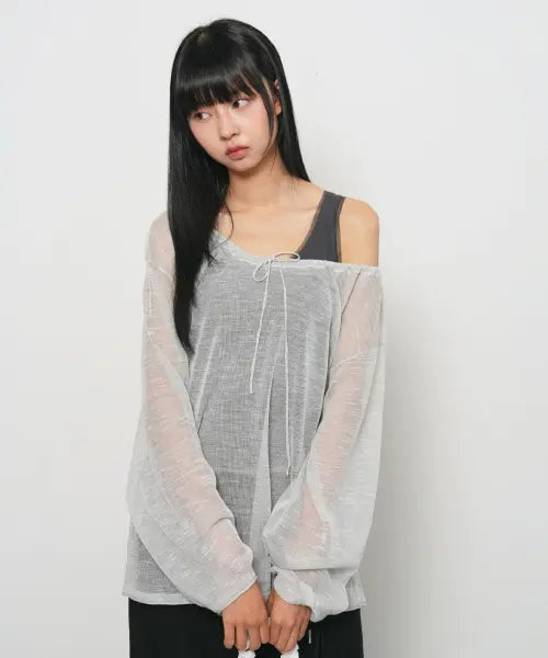 [GENERALIDEA] woman see-through neck string knit pullover [light grey] / 시스루 넥 스트링 니트 풀오버 [LIGHT GREY] / GF2LKP543