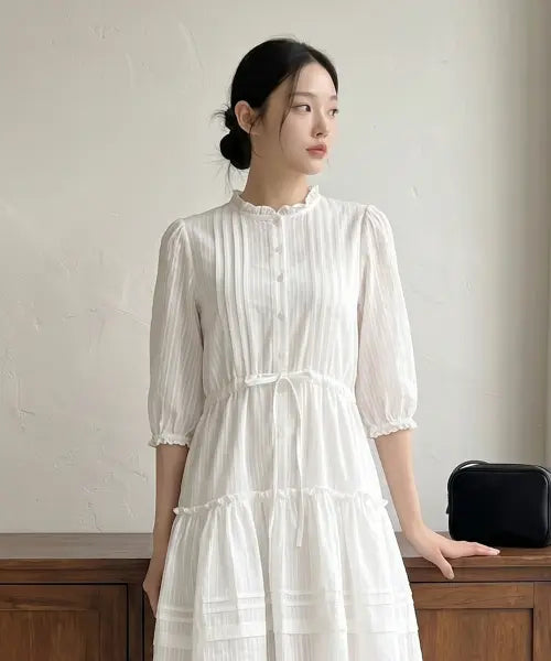 [ROEM] 7-Sleeve High-Neck Cotton Midi Dress / 7부 하이넥 코튼 미디 원피스 RMOWG26RT3