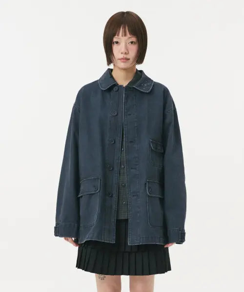 [OHESHIO] STAR FLORAL WASHED COTTON JACKET, NAVY