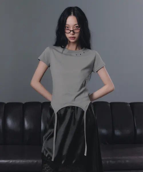 [GROWHIDE] Z.A.L Eyelet Strap Split Short Sleeve T-Shirt_Gray / 즈앨 아일렛 스트랩 트임 반팔 티셔츠_그레이