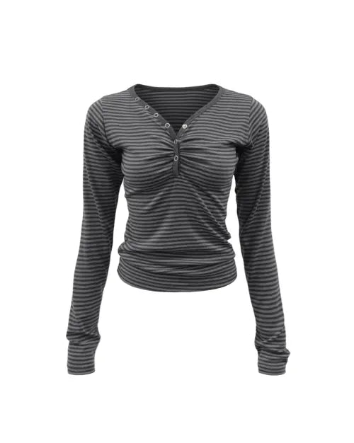[MAGORENSEOUL] Shirring Henley Neck Long Sleeve Stripe Shirt Charcoal / 셔링 헨리넥 롱슬리브 스트라이프 차콜