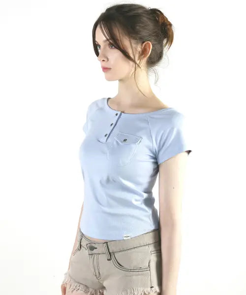 [MAGORENSEOUL] Pocket Henley Neck T-Shirt Pale Blue / 포켓 헨리넥 티셔츠 페일 블루