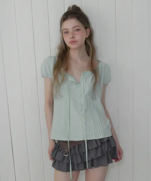 [TWEE] Oton Pintuck Cap Sleeve T-shirt Blouse / 오튼 핀턱 캡소매 반팔 블라우스