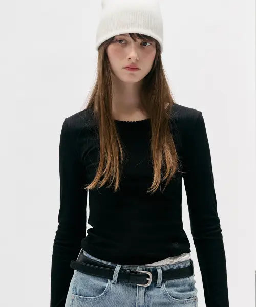 [ROLAROLA] NUBASIC LACE ROUND NECK SLIM T-SHIRT BLACK