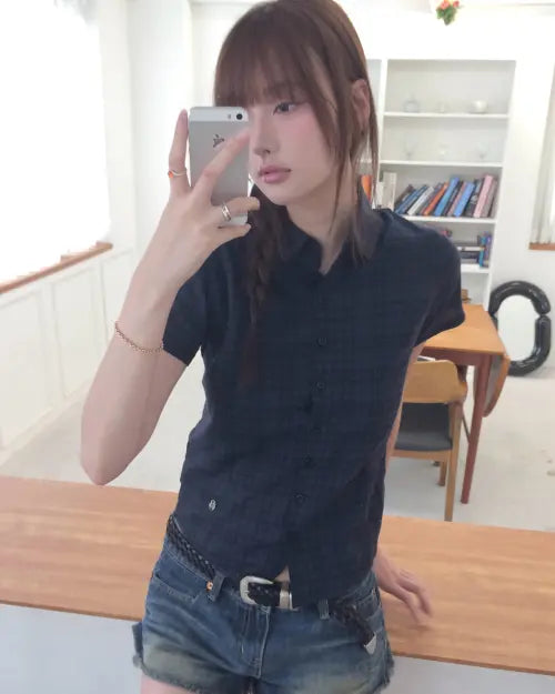 [HAVISM] CHECK 2-WAY COLLAR S/S SHIRTS(NAVY)