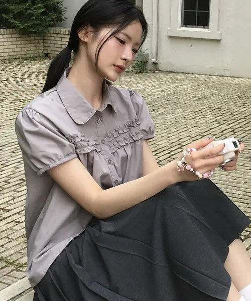 [SOME PLACE] Double Frill Puff Sleeve Round Collar Short Sleeve Blouse / 더블 프릴 포인트 퍼프 소매 라운드 카라 반팔 블라우스 셔츠  [퍼플]