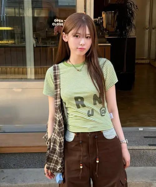 [RuNaKi'Hu'] WXT080 Narabi Striped Shirring T-Shirt (LIIGHT GREEN) / WXT080 나라비 스트라이프 셔링 티셔츠 (LIGHT GREEN)