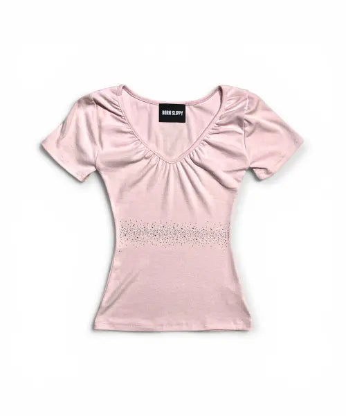 [BORN SLIPPY] Crystal Line V Shirring Tee (Pink)