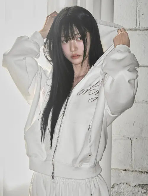 [LOOXP] Lucky Lettering Basic Oversized Zip-Up Hoodie Ivory / 럭키 레터링 베이직 오버핏 후드집업 아이보리