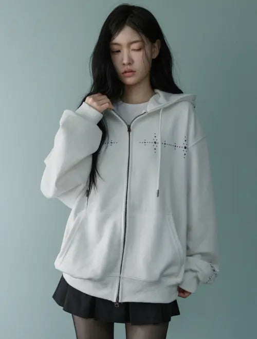 [LOOXP] Cross Stone Oversized Hooded Zip-up Ivory / 크로스 스톤 오버핏 후드집업 아이보리