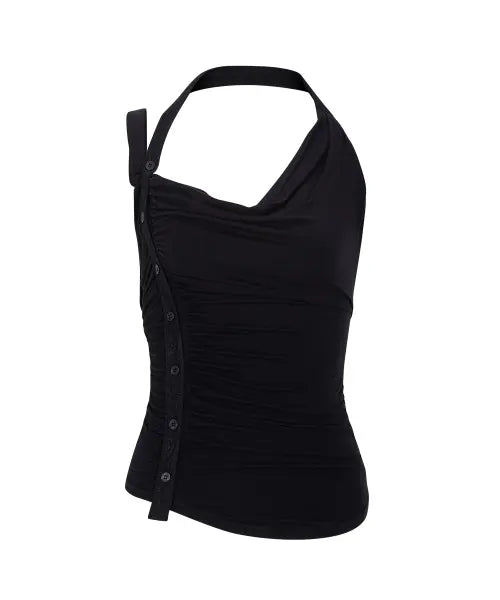 [PLEASENOFOLLOW] Hush Button Halter Sleeveless Top (Black)