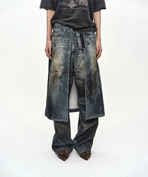 [ADSB ANDERSSON BELL] DENIM TROMPE-LOEIL GRAPHIC WRAP SKIRT apa918w(MID BLUE)