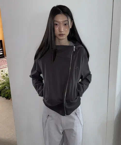 [TANSANMAGNESIUM] Songyi Songyi X Tansan Hun Appliqué Side Zip Hoodie (Charcoal) / 송이송이X탄산 혼 아플리케 사이드 지퍼 후드집업 (차콜)