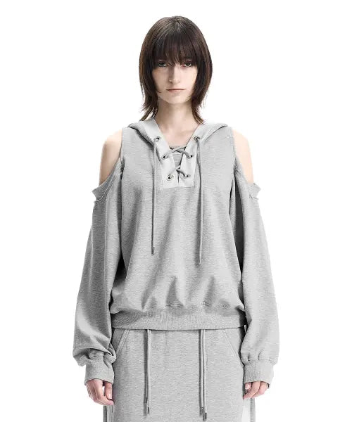 [TREEMINGBIRD] Lace-Up Eyelet Set-Up Hoodie [ Melange Gray ]