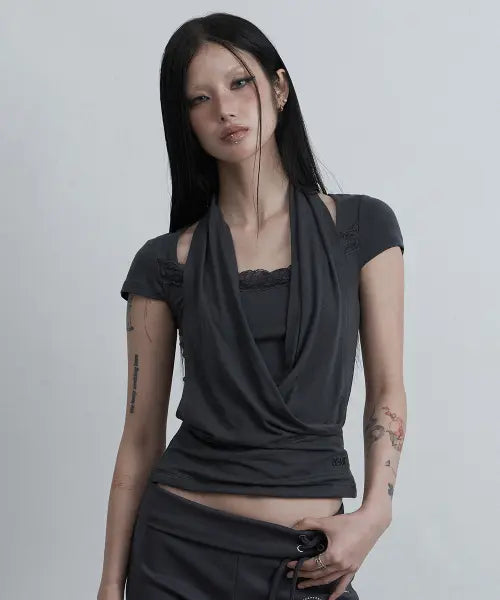 [AS YOU ARE] LACE COWLNECK T-SHIRTS CHARCOAL / 레이스 카울넥 티셔츠 차콜