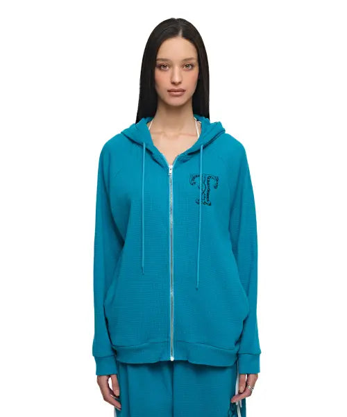 [TOOMUCHTAX] Leo Hotfix Waffle Zip-Up Hoodie Teal / 레오 핫픽스 와플 집업 후디 틸