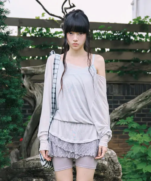 [MIRECO] SHEER OFF-SHOULDER SLEEVE CLOUD GREY