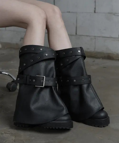 [ETRE AU SOMMET] Multi Strap Bijo Leather Wide Boots