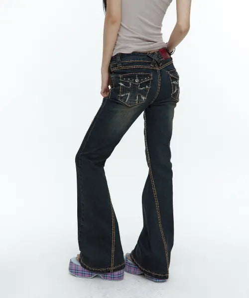 [ROUGHNECK] Bold Stich BootCut Denim Blue