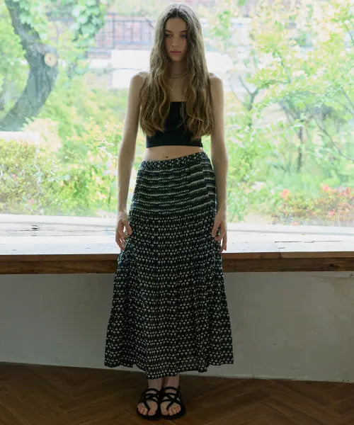 [OPENDOORSTUDIO] Printed Tiered Maxi Skirt - Black / Printed tiered maxi skirt Black