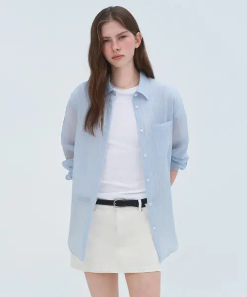[MUSINSA STANDARD WOMAN] Women's Relaxed Stripe Sheer Shirt [Sky Blue] / 우먼즈 릴렉스드 스트라이프 시어 셔츠 [스카이 블루]