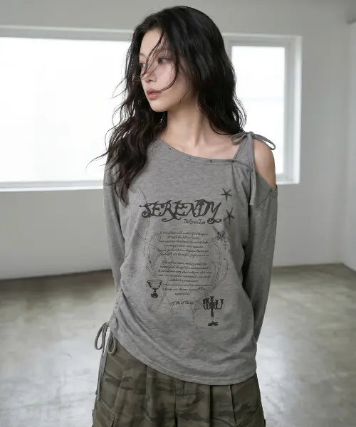 [THE GREEN LAB] Studded One-Shoulder String Long Sleeve [Charcoal Grey] / 스터드 원숄더 스트링 롱슬리브 [차콜 그레이]