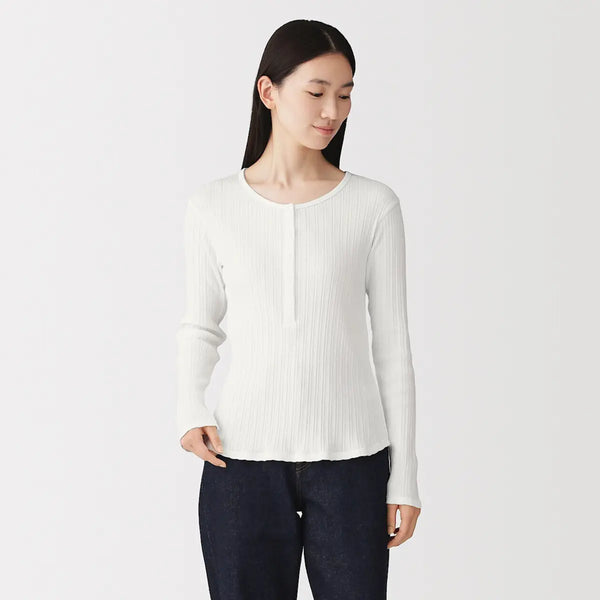 [MUJI] Openwork Henley Neck Long Sleeve T-Shirt / 오픈워크 헨리넥 긴소매 티셔츠