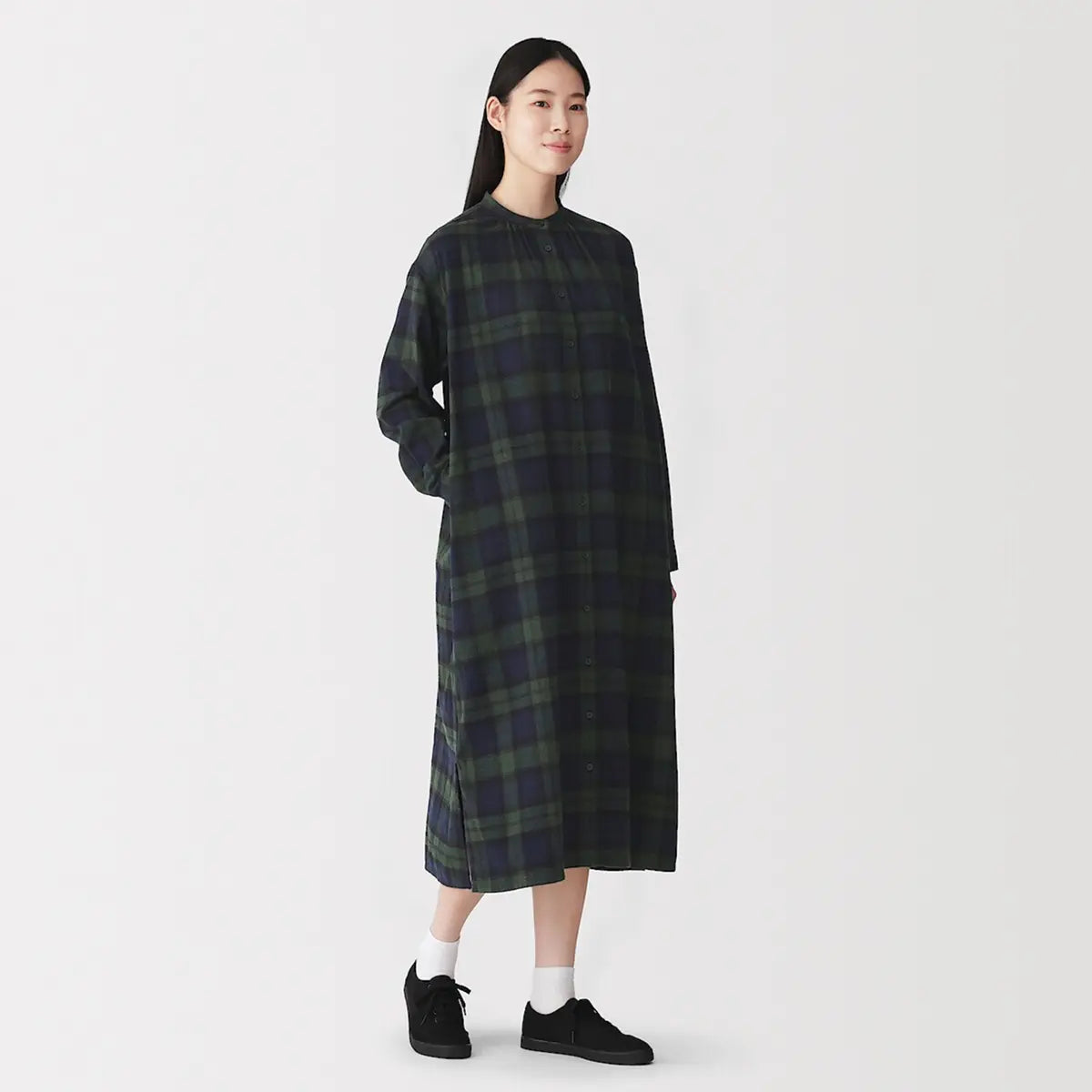[MUJI] Reversible Fleece Flannel Stand Collar Long Sleeve Dress / 양면 기모 플란넬 스탠드 칼라 긴소매 원피스