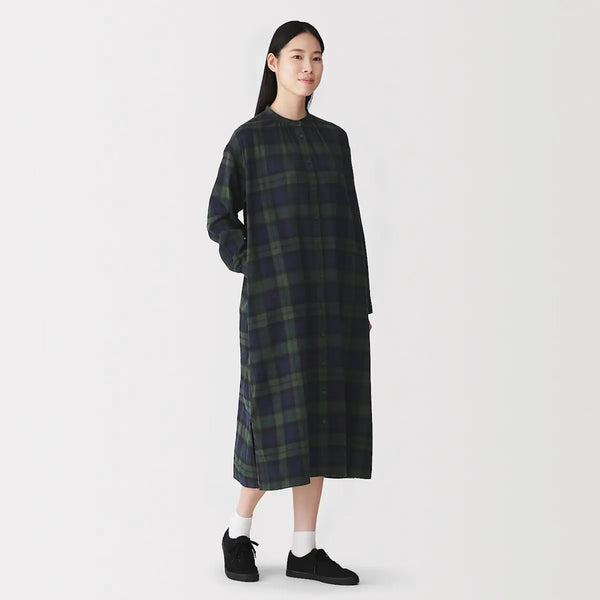 [MUJI] Reversible Fleece Flannel Stand Collar Long Sleeve Dress / 양면 기모 플란넬 스탠드 칼라 긴소매 원피스