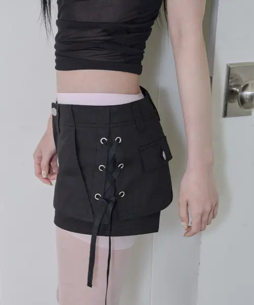 [41PRAY] Layered Lace-Up Skirt shorts / Black