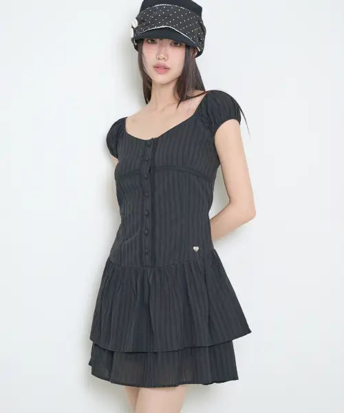 [ILLIGO] PUFF FRILL DRESS BLACK / 퍼프 프릴 원피스 블랙