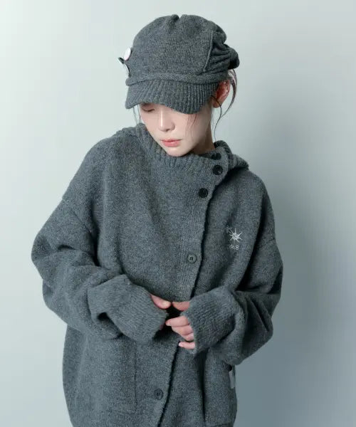 [COIRIS] JONNY SLANTED BUTTON HIGH NECK HOOD KNIT CARDIGAN (2COLOR) / 저니 사선 버튼 하이넥 후드 니트 가디건 (2컬러)
