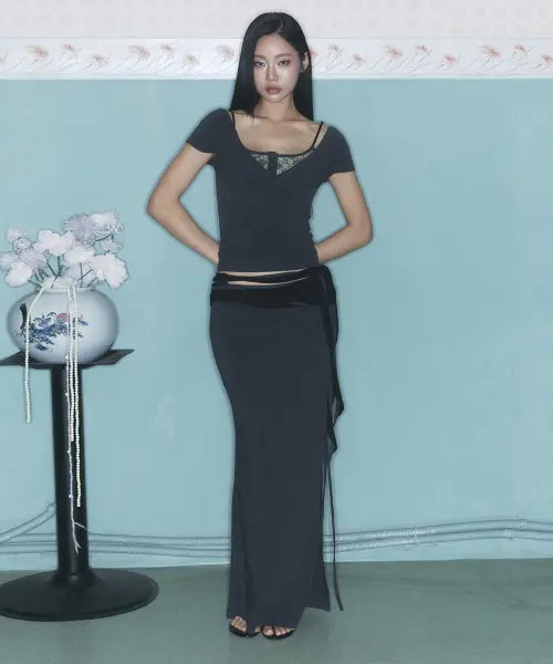[PLEASENOFOLLOW] Ina Shirring Long Skirt (Charcoal)