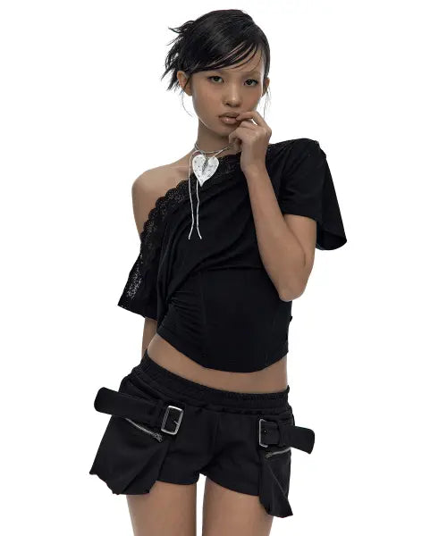 [KASHIKO] Belted Pocket Shorts Black