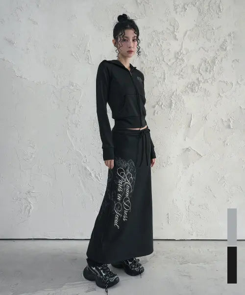 [AVANDRESS] Dark Wing Crop Hoodie Zip-up + Half Wing Graphic Maxi Skirt Set / [SET] 다크 윙 크롭 후디 집업 + 하프 윙 그래픽 맥시 스커트