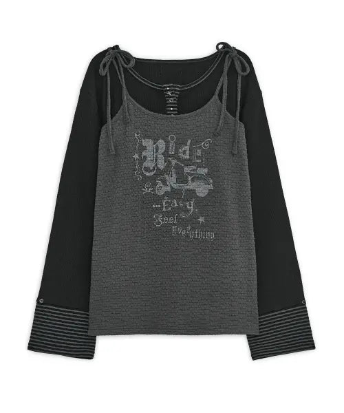 [HUG YOUR SKIN] Printed layered henry neck T (Black) / 프린트 레이어드 헨리넥 티 (블랙)
