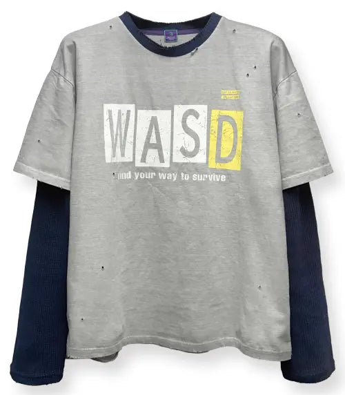 [WAS] WAS+D Layered Long Sleeve (Light Grey + Navy) / WAS+D 레이어드 롱슬리브 (라이트 그레이 + 네이비)