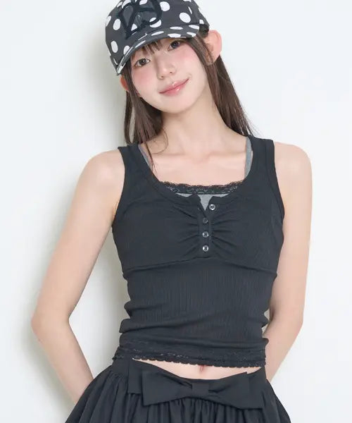 [ILLIGO] LAYERED TRIMMING SLEEVELESS BLACK / 레이어드 트리밍 슬리브리스 블랙