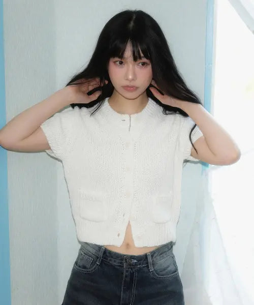 [ROSEFRANTZ] Pocket short sleeve knit cardigan [Ivory]