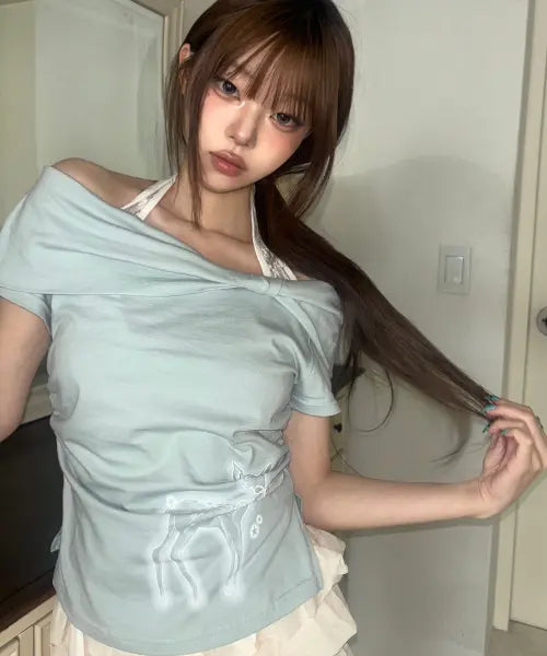[ILLIGO] SAESO DEER BOW OFF SHOULDER T-SHIRT MINT / 새소 디어 보우 오프숄더 티 민트