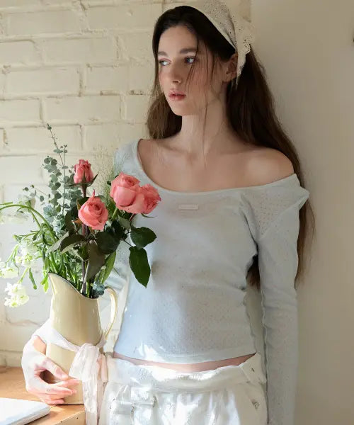 [LETTER FROM MOON] Letters Two-Way Slim T-Shirt (Flower Sky Blue) / 레터즈 투웨이 슬림 티셔츠 ( 플라워 스카이블루 )